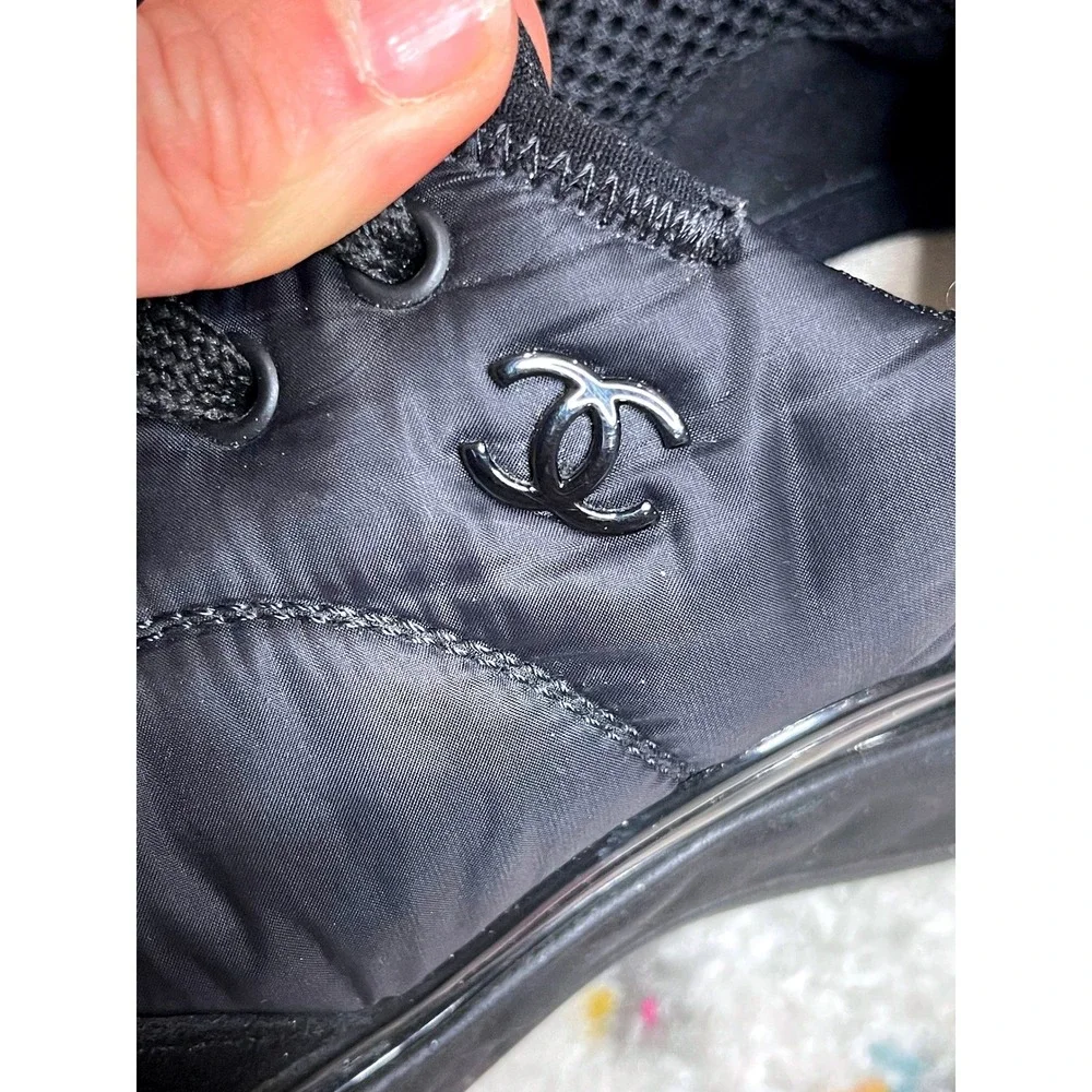 Chanel G38035‎ Black Nylon Suede Sneakers CC Logo Trainer Shoes EU 39 US 8.5